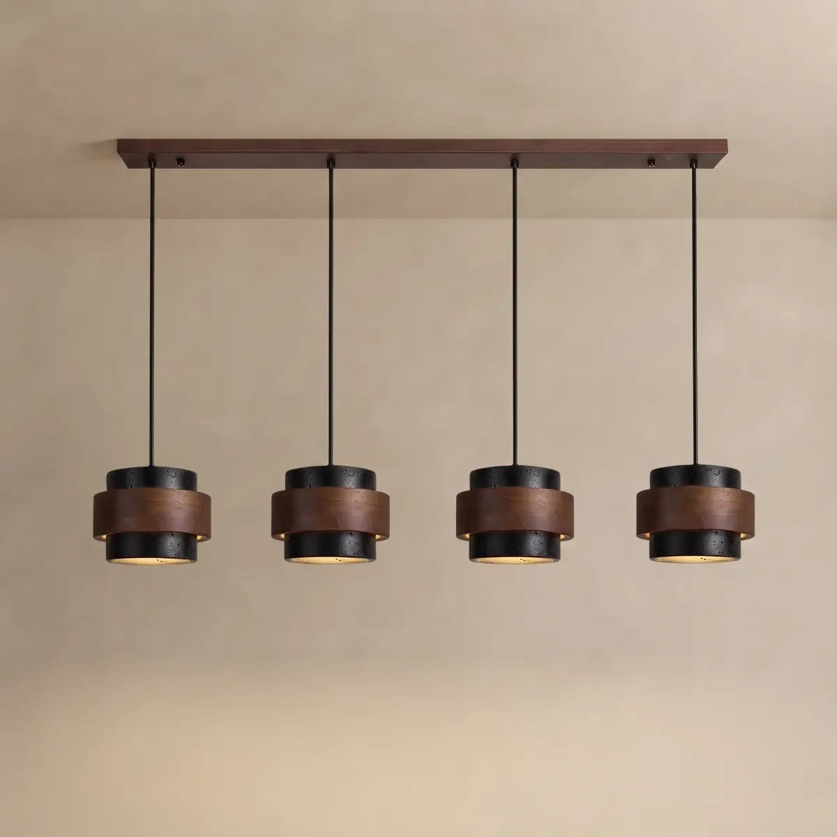 Strata Modern Travertine Pendant Light — Walnut Wood for Dining Room