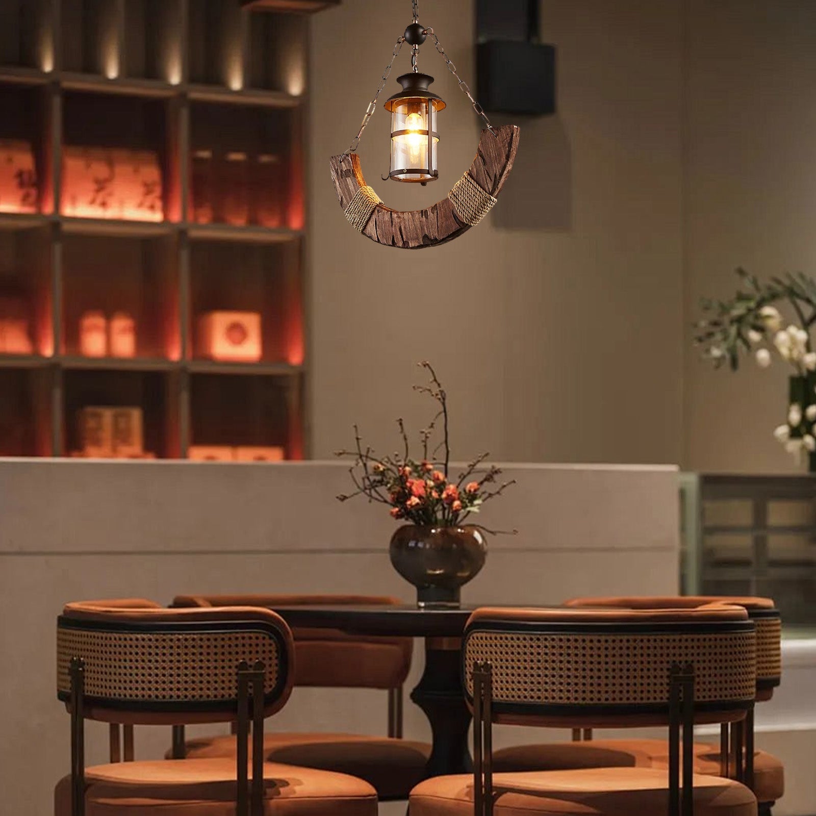 Vintage Lantern Pendant Light — Black Metal & Burlywood
