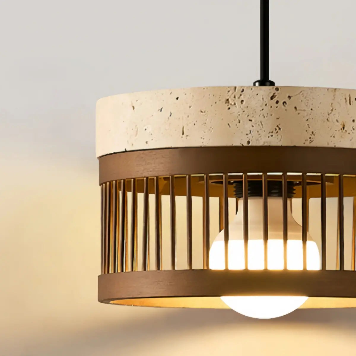 Strata Wabi-sabi Pendant Light --Travertine & Solid Wood Brown for Dining Room Detail