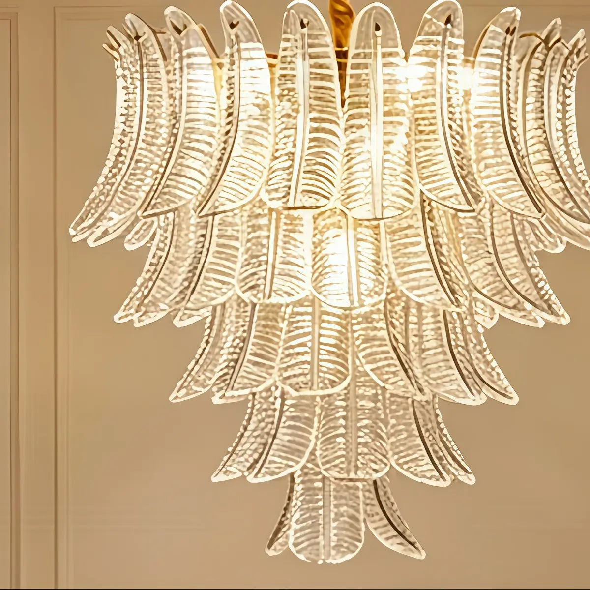 Excelis Luxury Sculptural Glass Leaf Chandelier -- Metal Frame for Dining Room Details