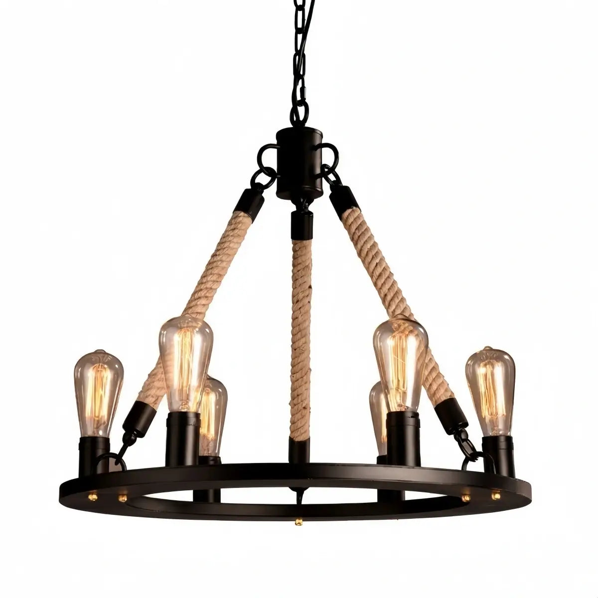 JUN107Irondale Industrial Hemp Rope Chandelier – Black Metal & Rope for Dining Room
