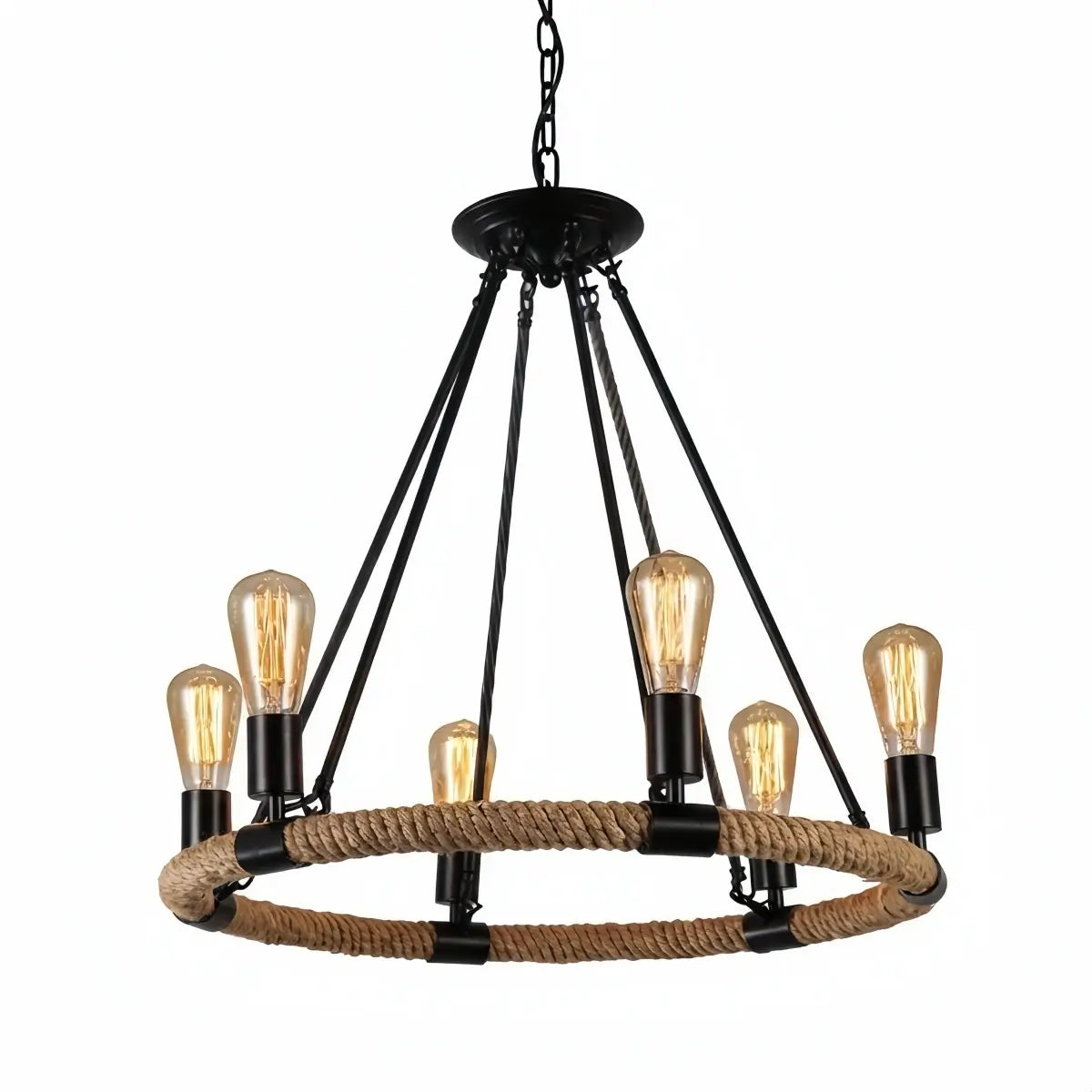 JUN107Irondale Industrial Hemp Rope Chandelier – Black Metal & Rope for Dining Room