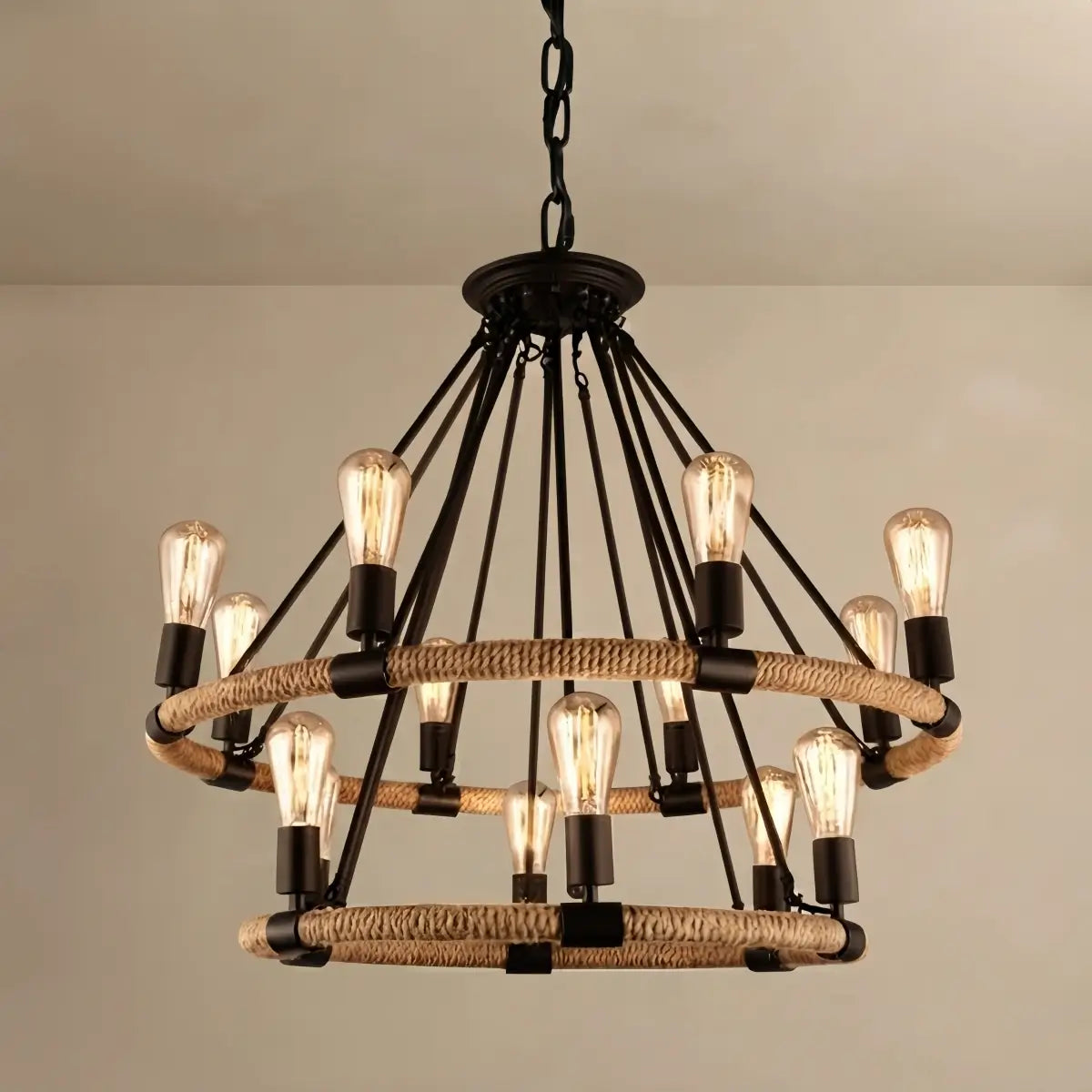 JUN107Irondale Industrial Hemp Rope Chandelier – Black Metal & Rope for Dining Room