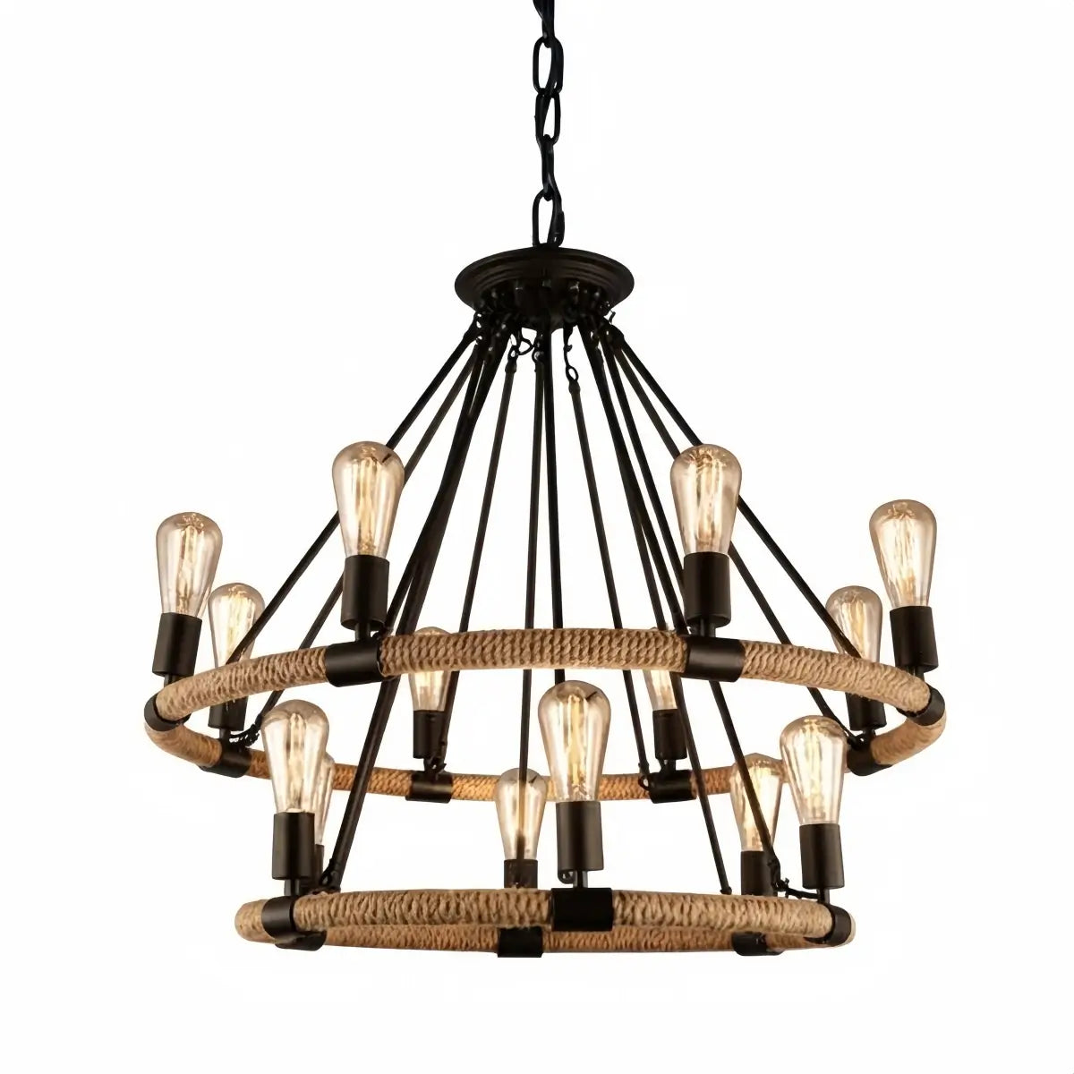 JUN107Irondale Industrial Hemp Rope Chandelier – Black Metal & Rope for Dining Room