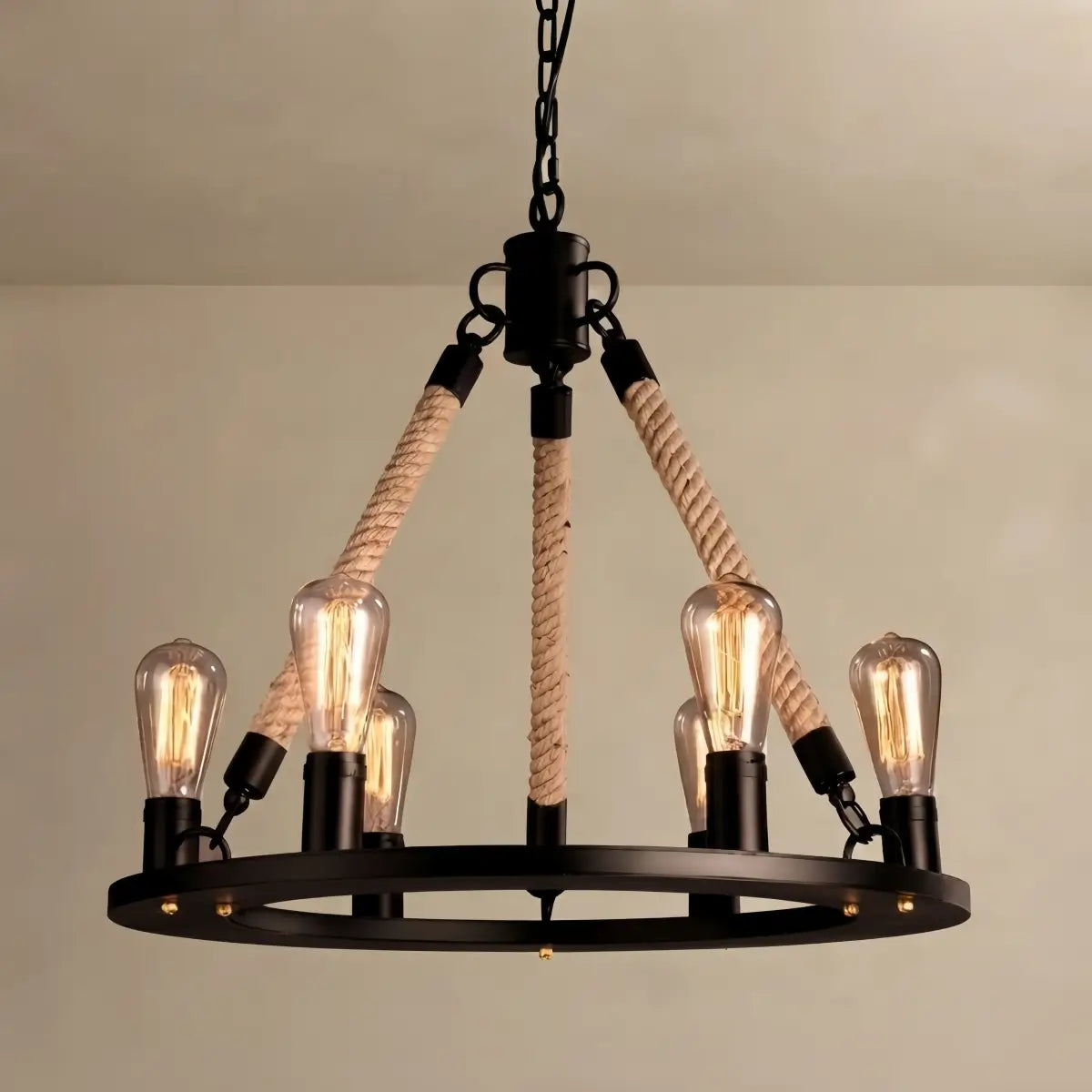JUN107Irondale Industrial Hemp Rope Chandelier – Black Metal & Rope for Dining Room