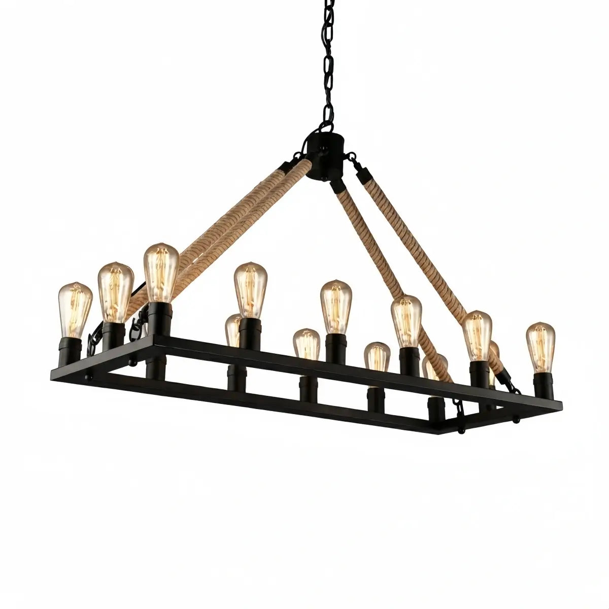 JUN107Irondale Industrial Hemp Rope Chandelier – Black Metal & Rope for Dining Room