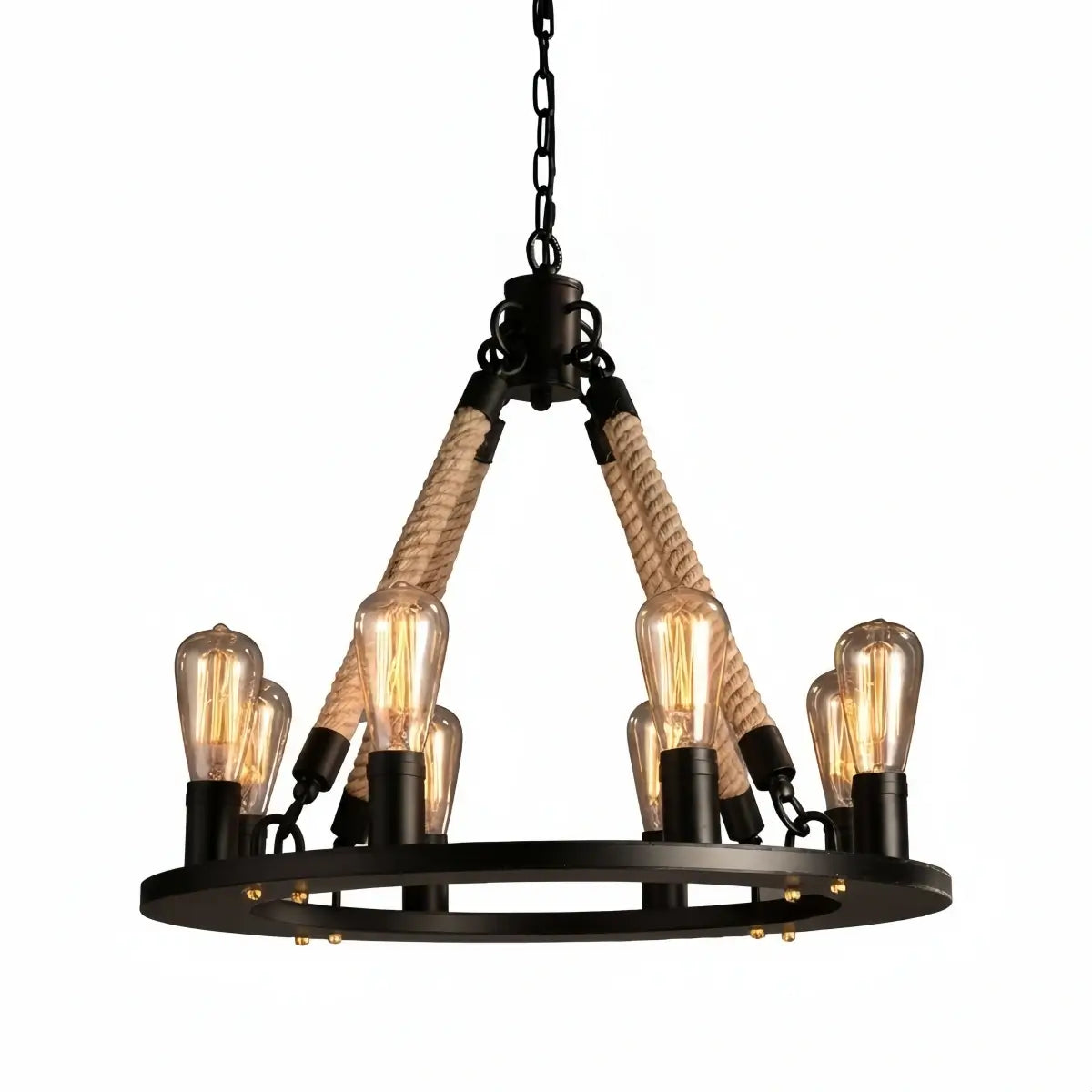 JUN107Irondale Industrial Hemp Rope Chandelier – Black Metal & Rope for Dining Room
