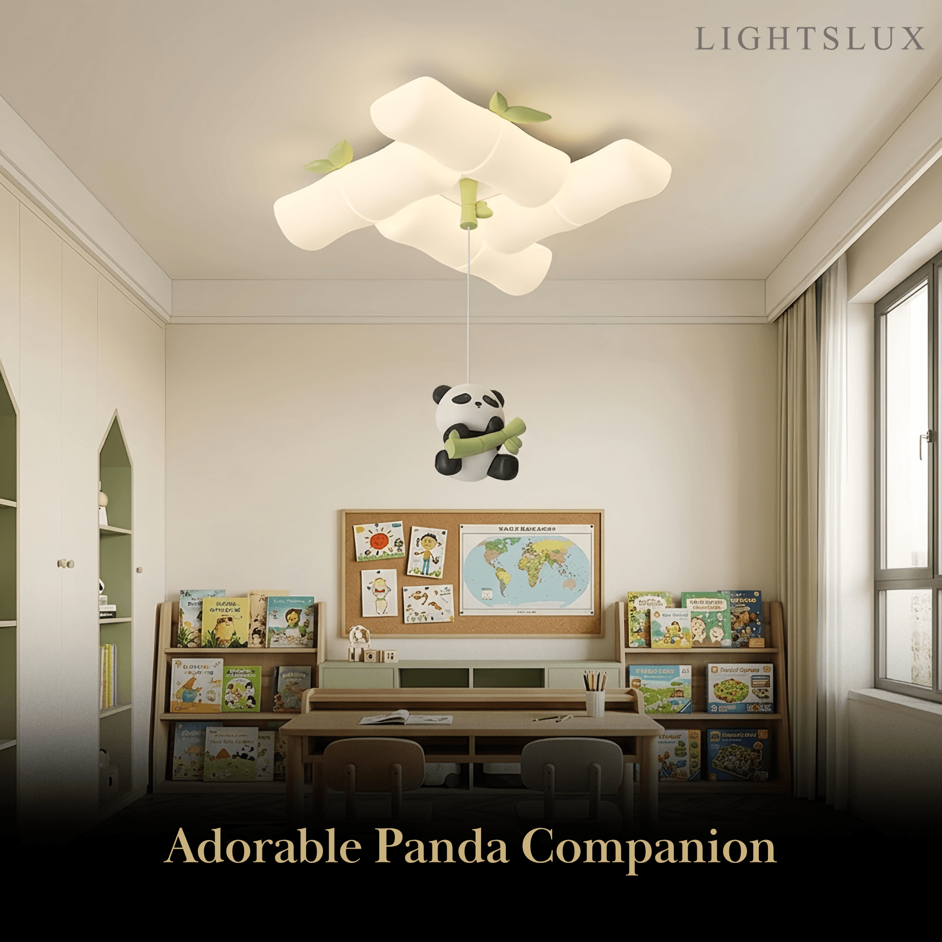 Art Deco Bamboo-Inspired Ceiling Light -- White Panda Iron & PE for Children's Study Room