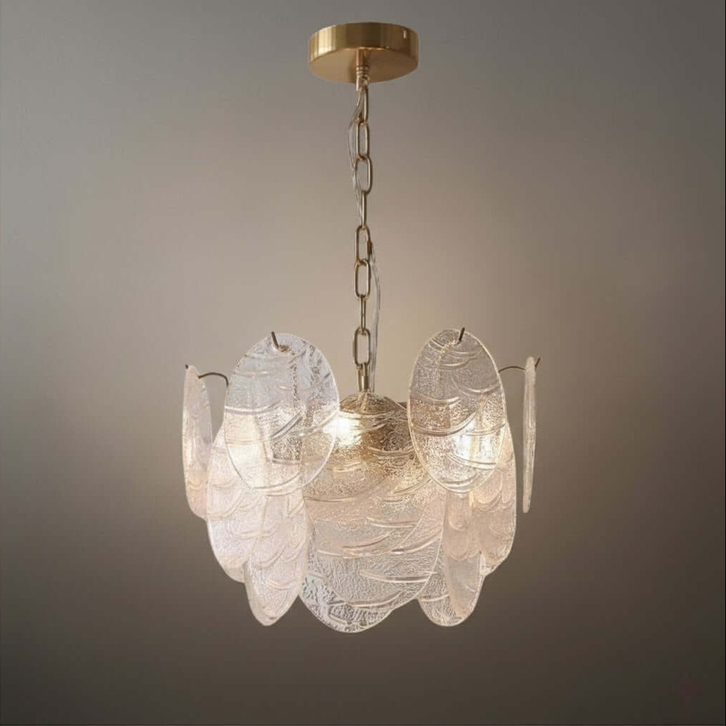 Chandelier — Rippled Wavy Glass Panels & Iron Frame for Living Room