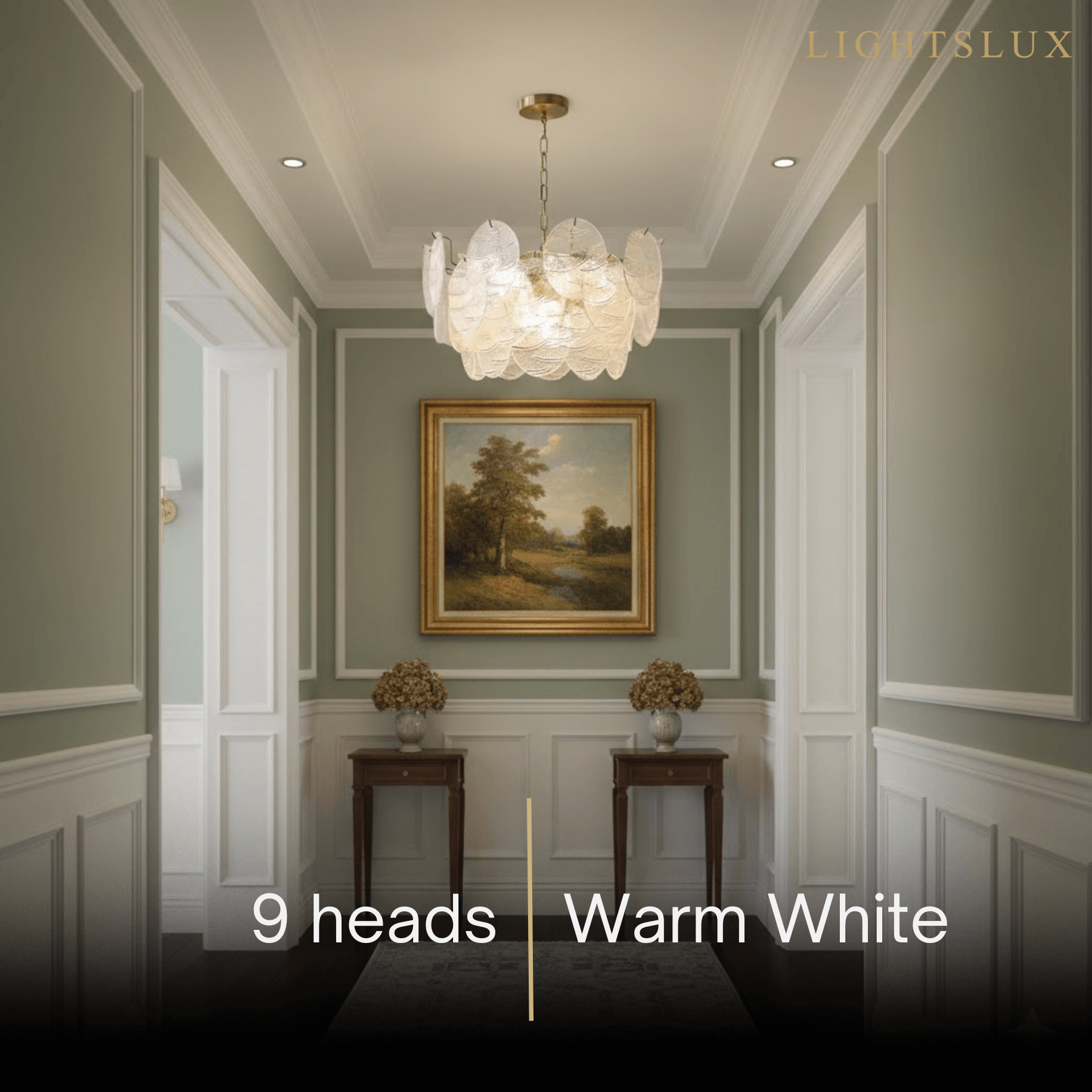 Chandelier — Rippled Wavy Glass Panels & Iron Frame for Living Room