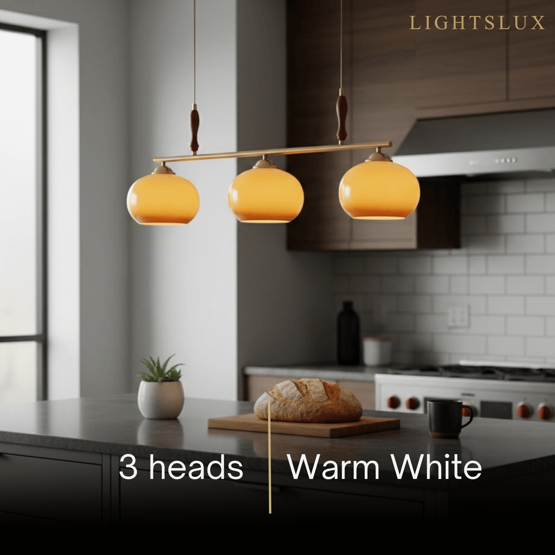 Modern Pendant Lamp — Amber Glass Shades & Brass Bar Wood Accent