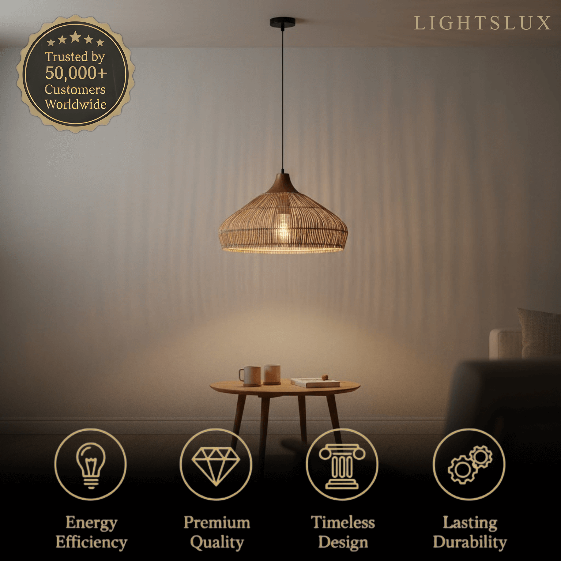 Modern Fabric Table Lamp – Copper and Walnut Wood Bedside Light for Bedroom
