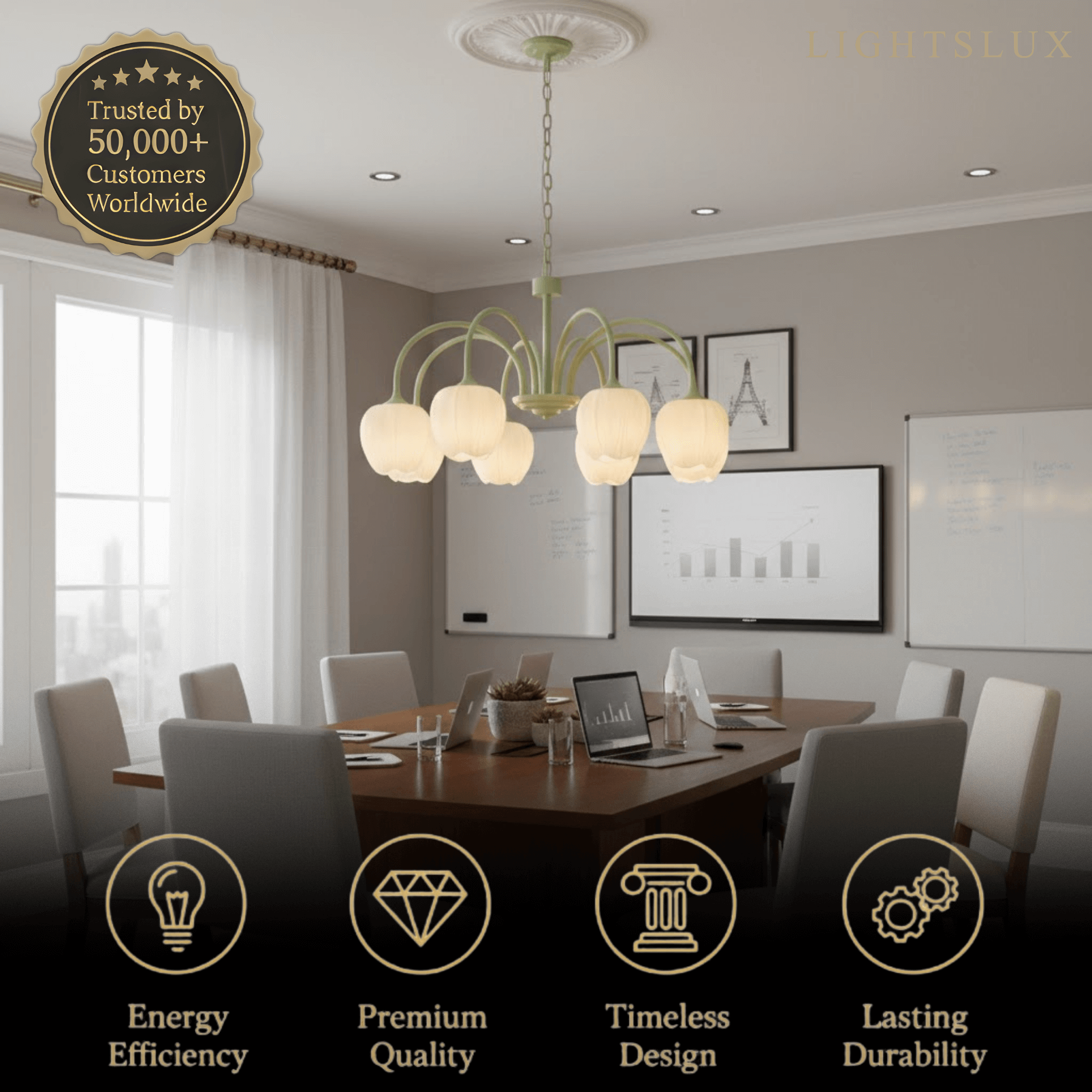 Modern Tulip Chandelier – Matcha Metal and White Glass Ceiling Light