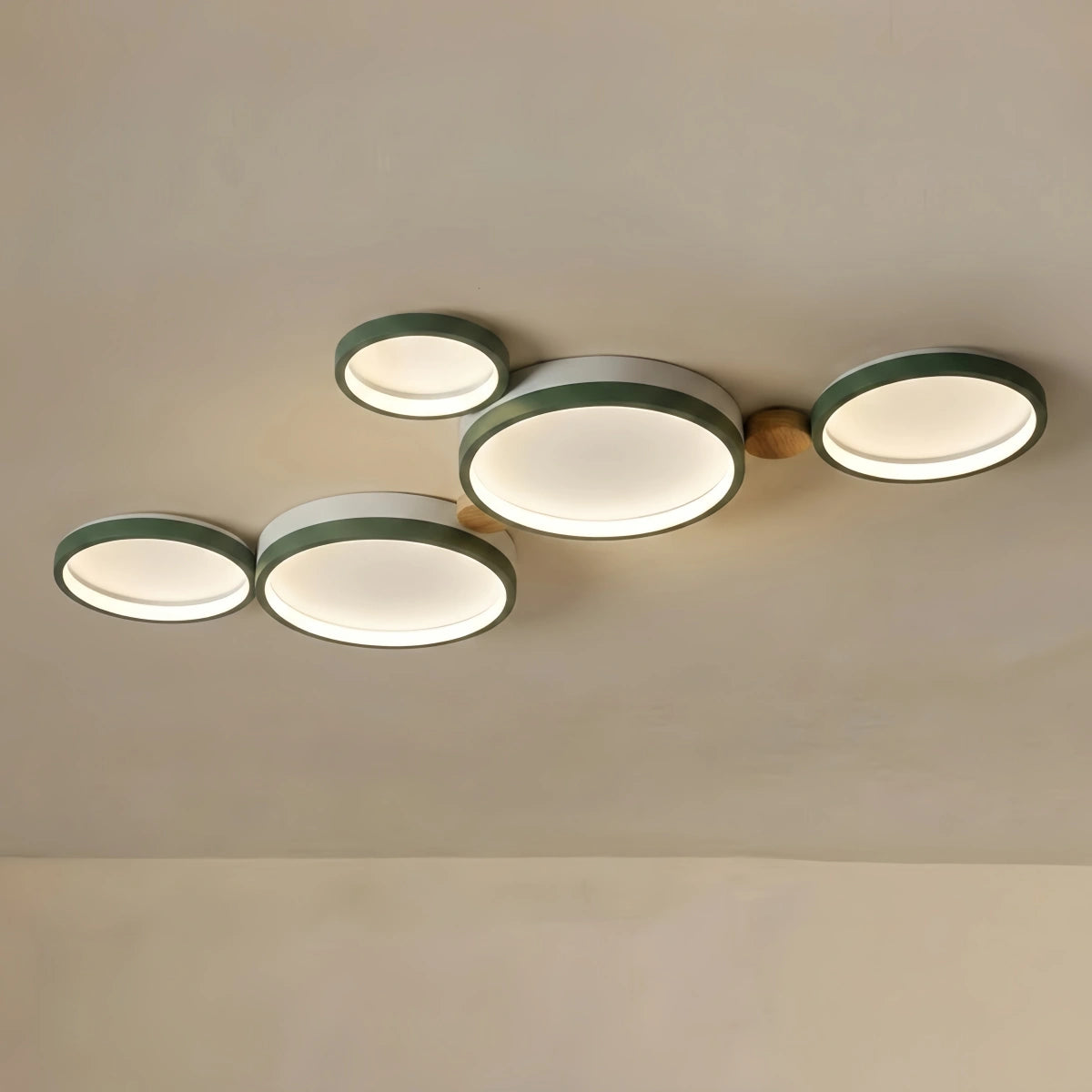 Arcato Modern Round Ceiling Light – Metal/Wood in Green/Grey/White for Living Room