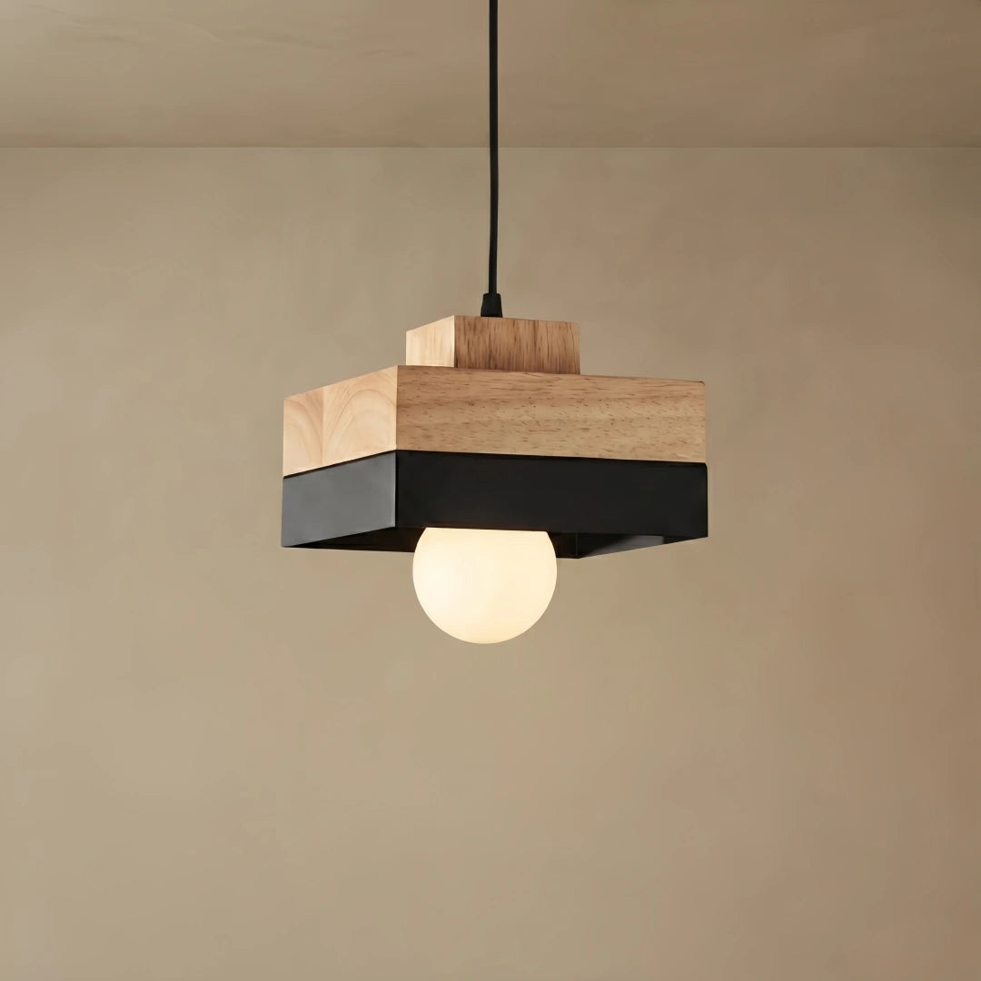 Zenno Modern Square Pendant Light – Black Wood for Dining Room