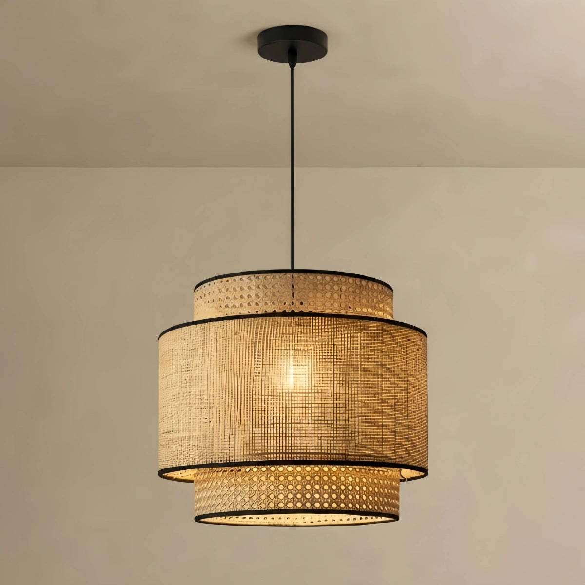 Bamburo Farmhouse Pendant Light — Tri-Layer Rattan & Metal Cylinder for Dining Room