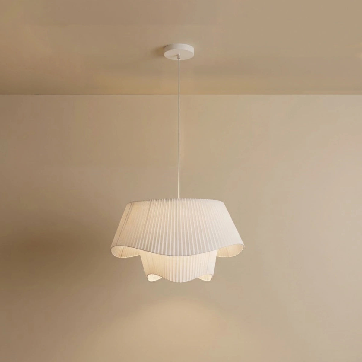 Pendant Light — White Metal Frame with Fabric Shade for Dining Room