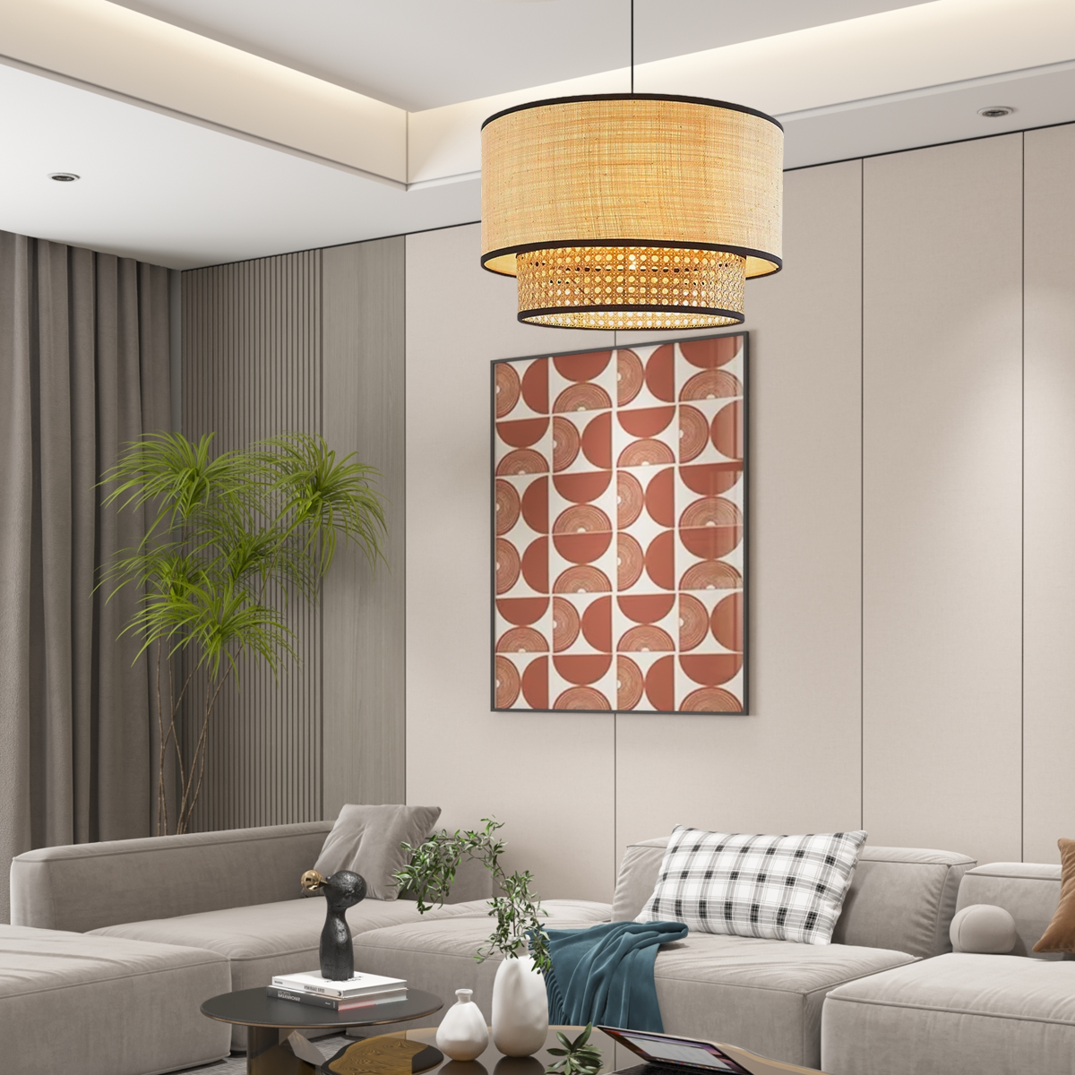 Pendant Light - Double-Layer Wood Lantern for Living Room
