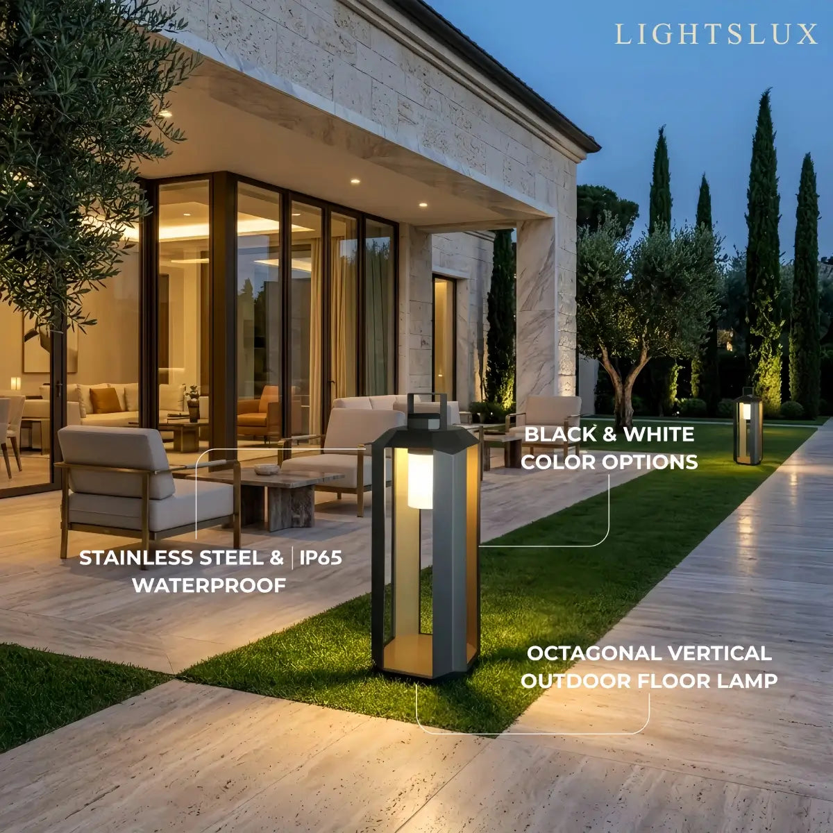 Solara Minimalist Ground Lamp -- Stainless Steel & Glass Black/White for Garden