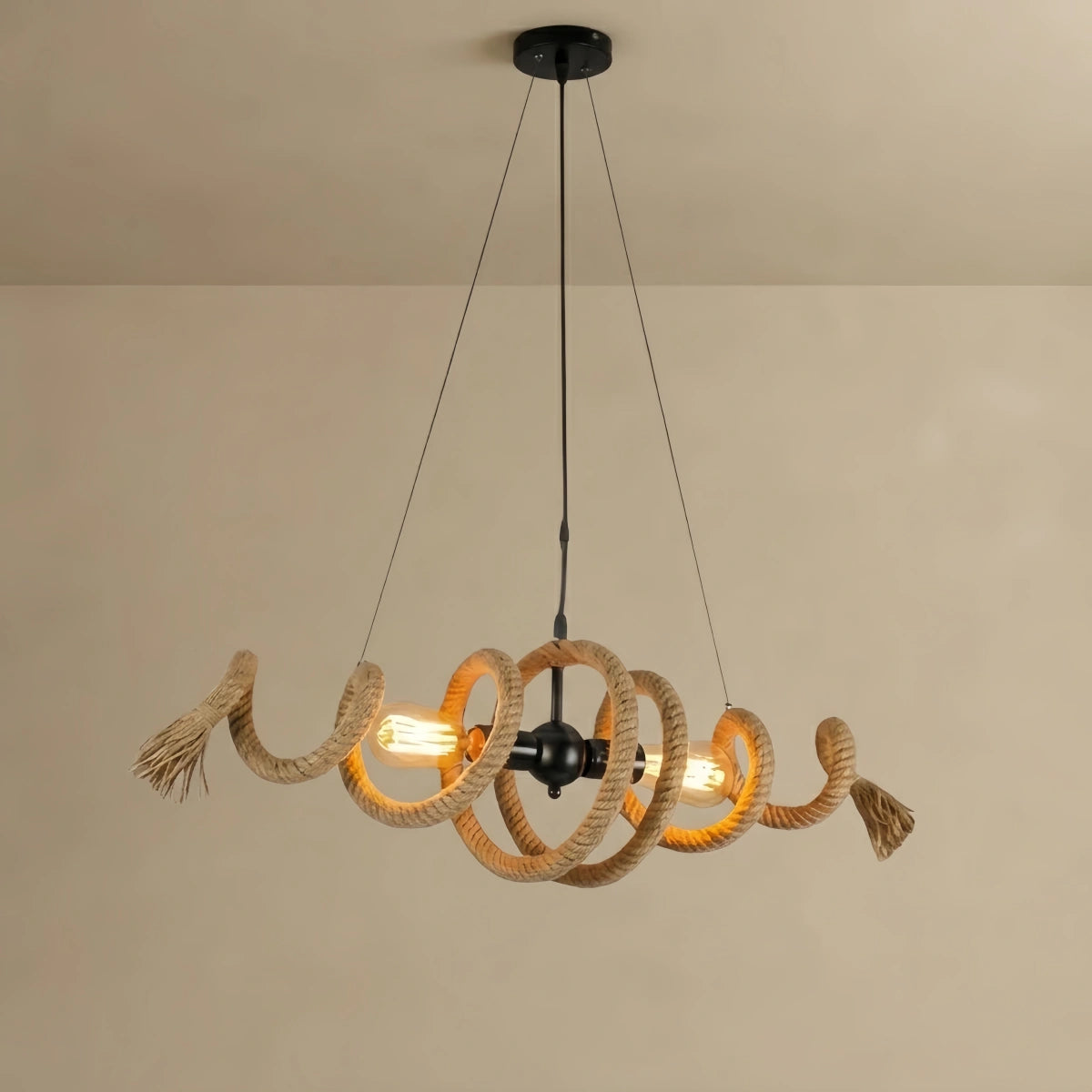 Excelis Minimalist Chandelier — Iron & Hemp Rope Black&Linen for Living Room