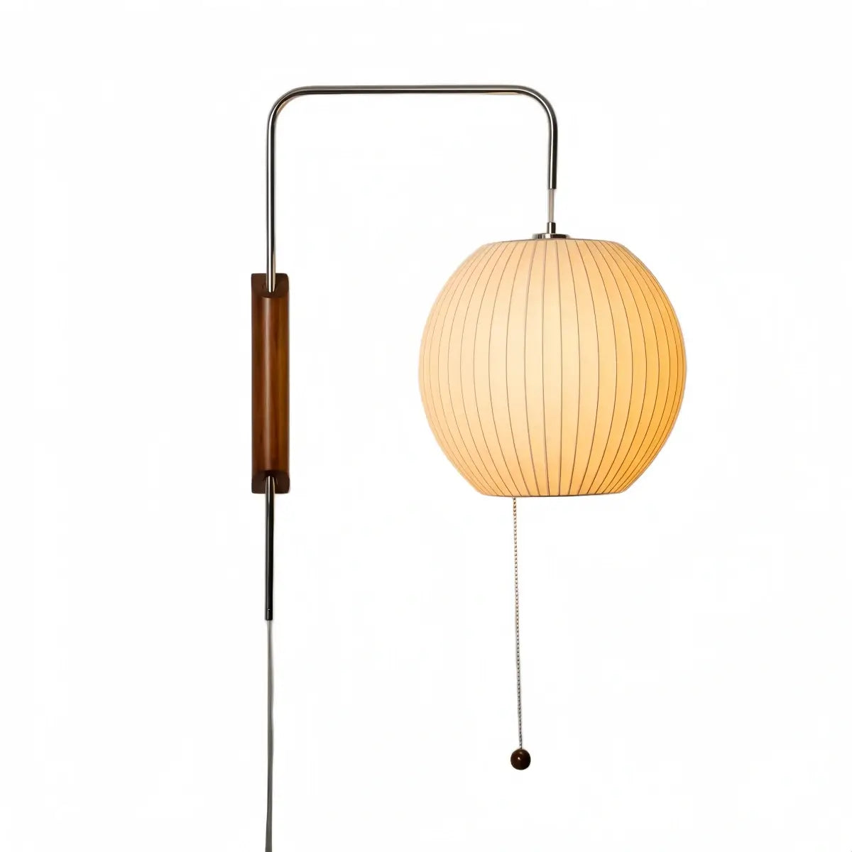 Modern Plug-In Wall Lamp -- Polymer Steel Walnut Metal Chrome & Walnut with White Shade
