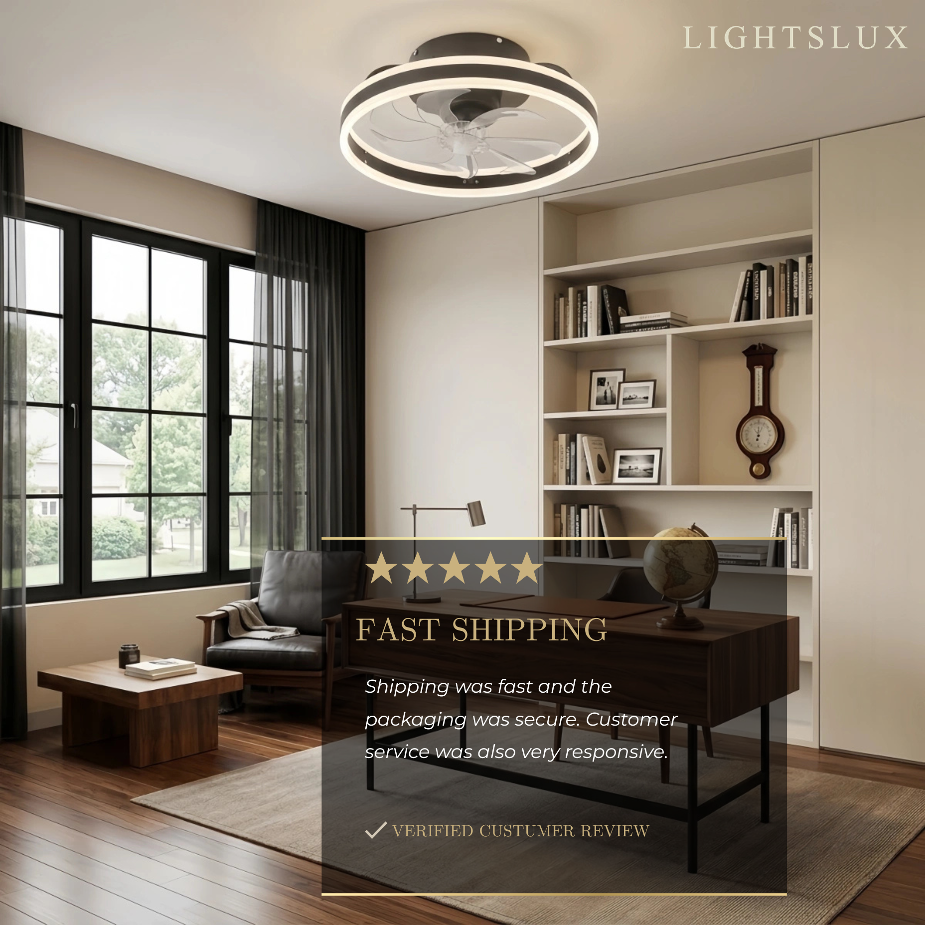 Vivara Modern Semi-Flush Ceiling Fan with Light -- Silent Black & White Iron ABS for Bedroom