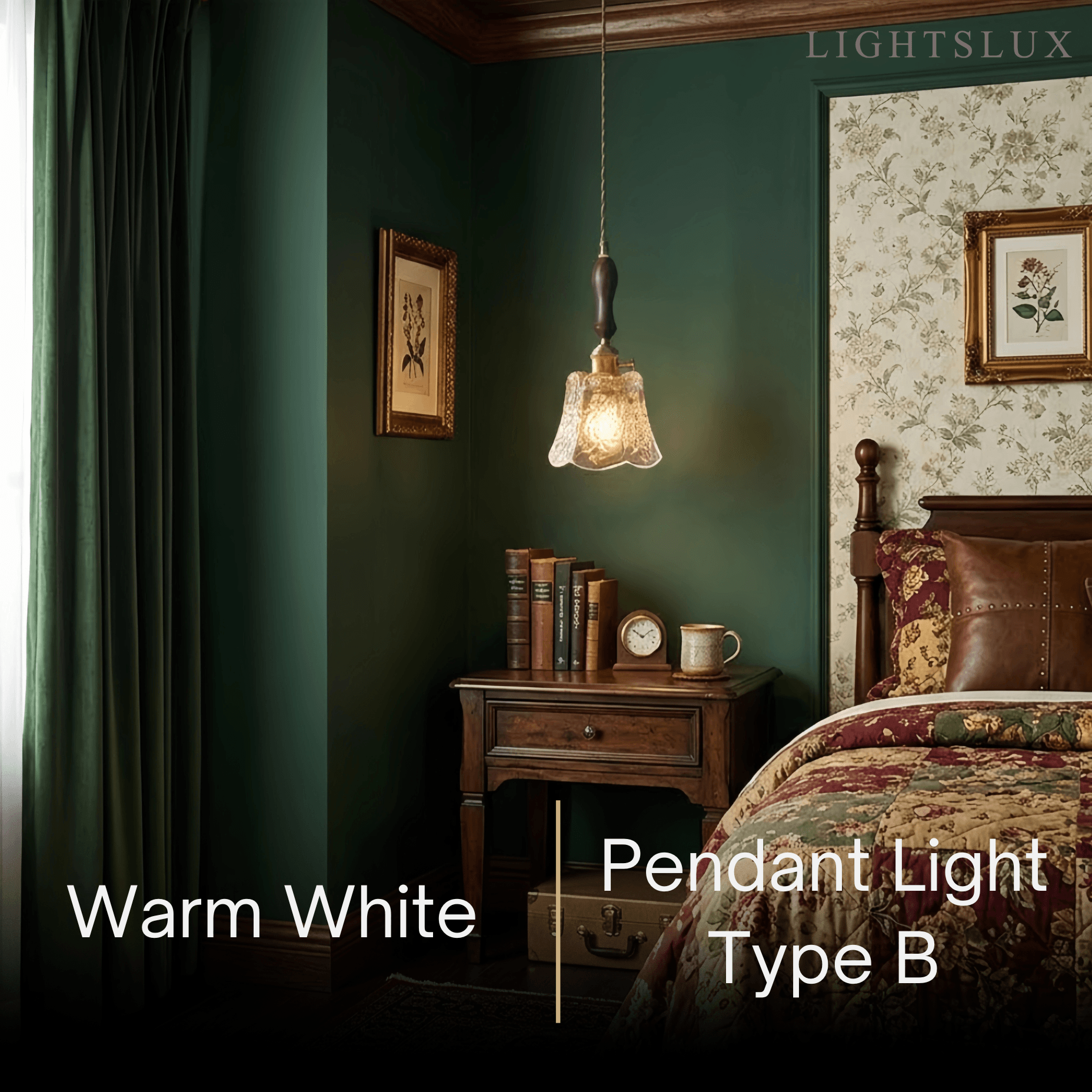 Classic Brass Glass Pendant Light -- Walnut Wood Accent