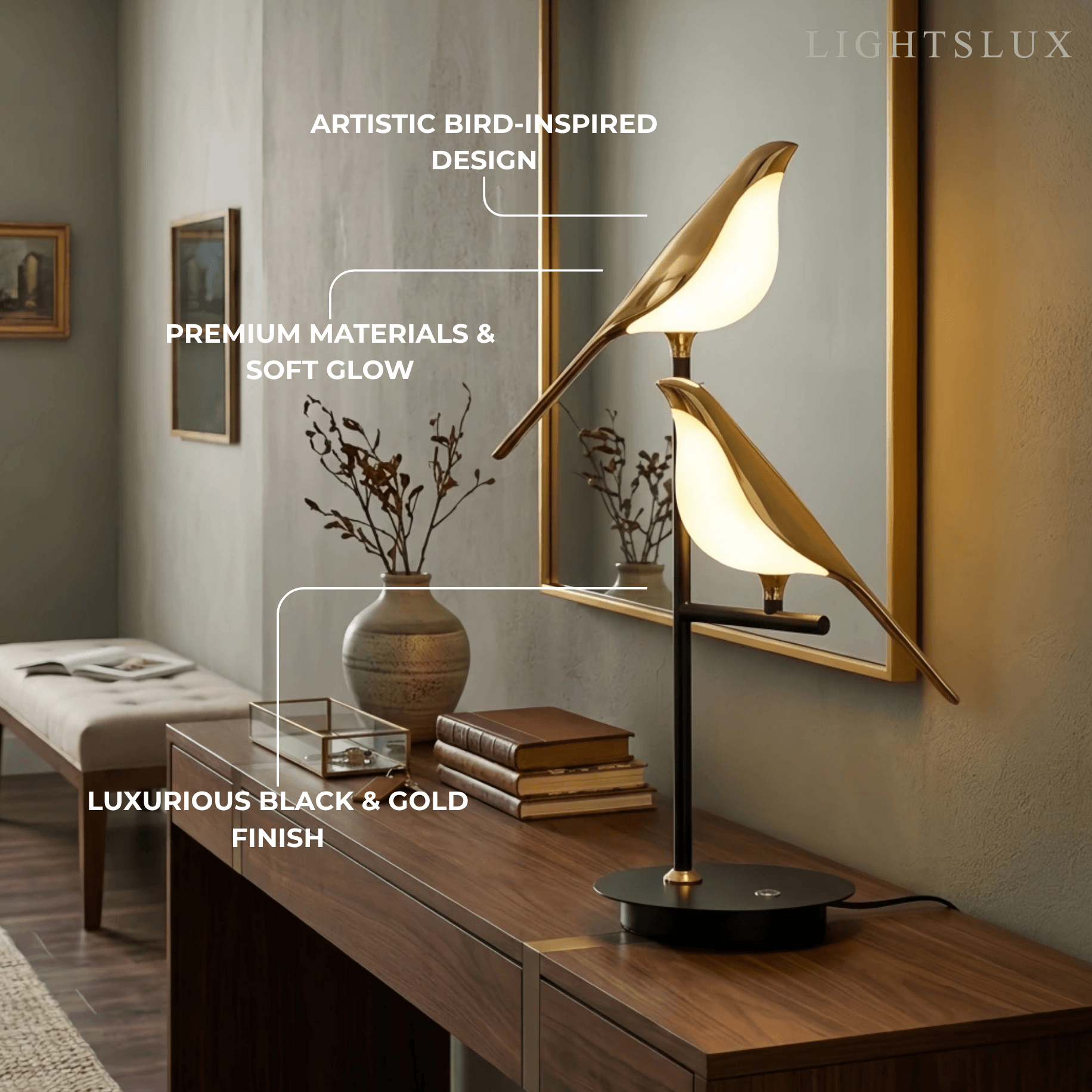 Modern Acrylic Bird Table Lamp -- Adjustable Black & Gold