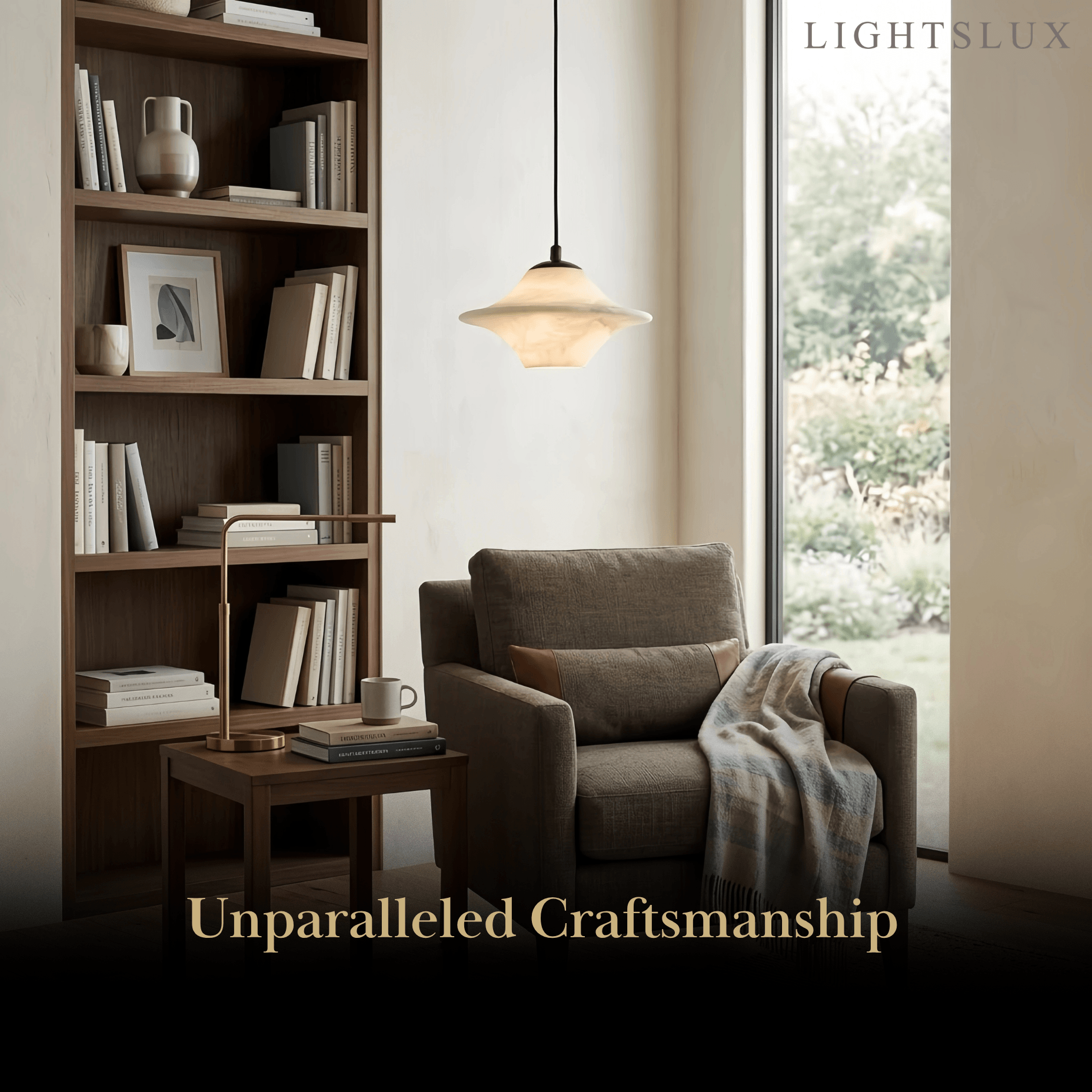 Modern Saucer Alabaster Pendant Light -- Black Metal