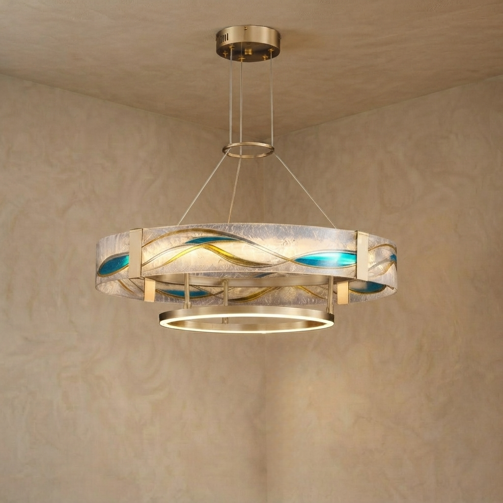 Art Deco Enamel Chandelier – Textured Glass Brushed Brass Blue Amber for Dining Room