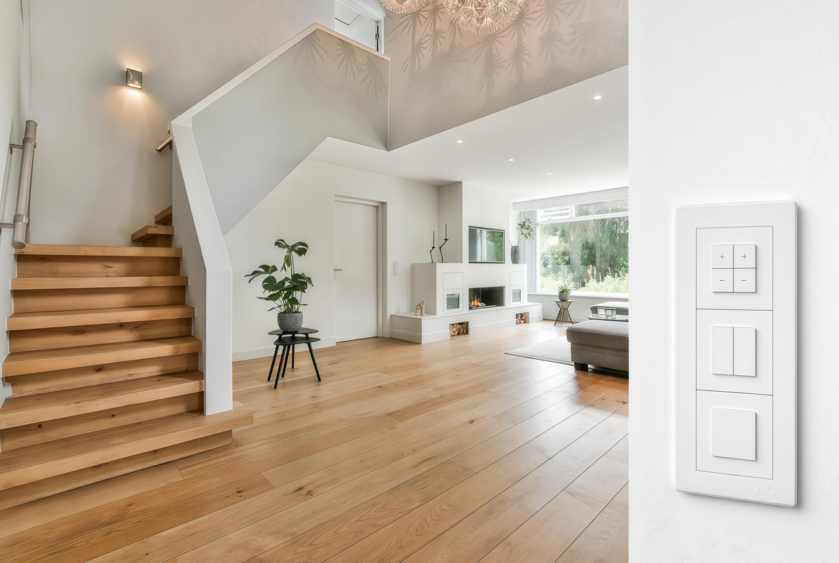 American modern staircase and hallway with lighting controls at multiple locations