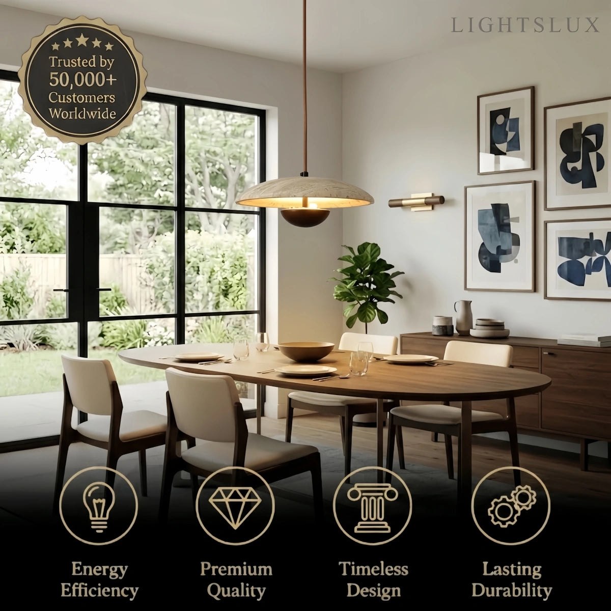 Strata Minimalist Pendant Light – Travertine & Metal, Walnut/Wood Color for Indoor