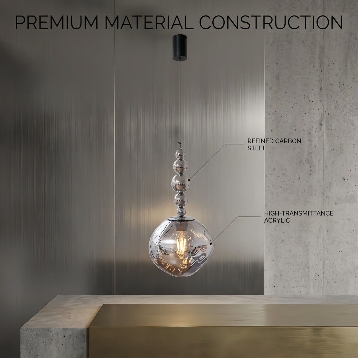 1JUN005Lunara Pendant Light – Acrylic Globe & Carbon Steel for Bedroom