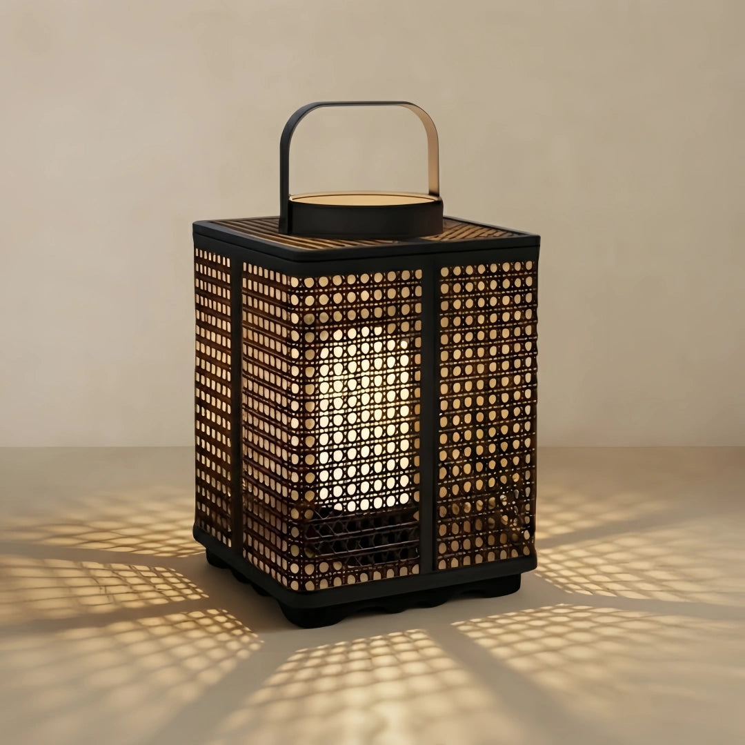 Bamburo Farmhouse Outdoor Floor Lamp -- Metal & Rattan Beige for Garden