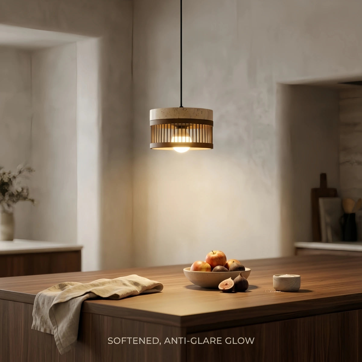 Strata Wabi-sabi Pendant Light – Travertine & Solid Wood  for Dining Room