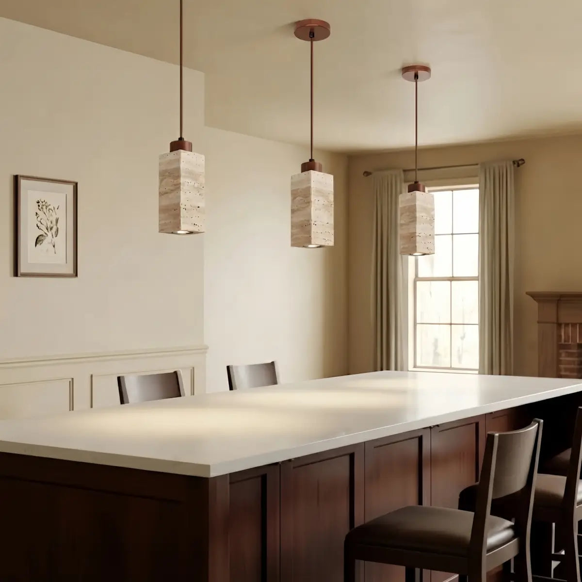 Strata Natural Column Pendant Light -Beige Travertine for Kitchen Island