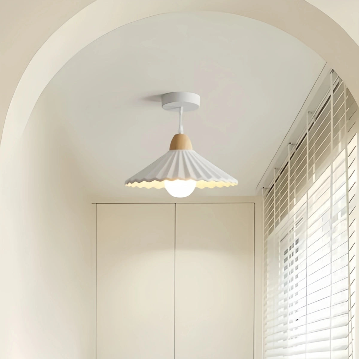 Crema Modern Wood & Ceramic Pendant Light — Brown Conical Shade for Dining Room