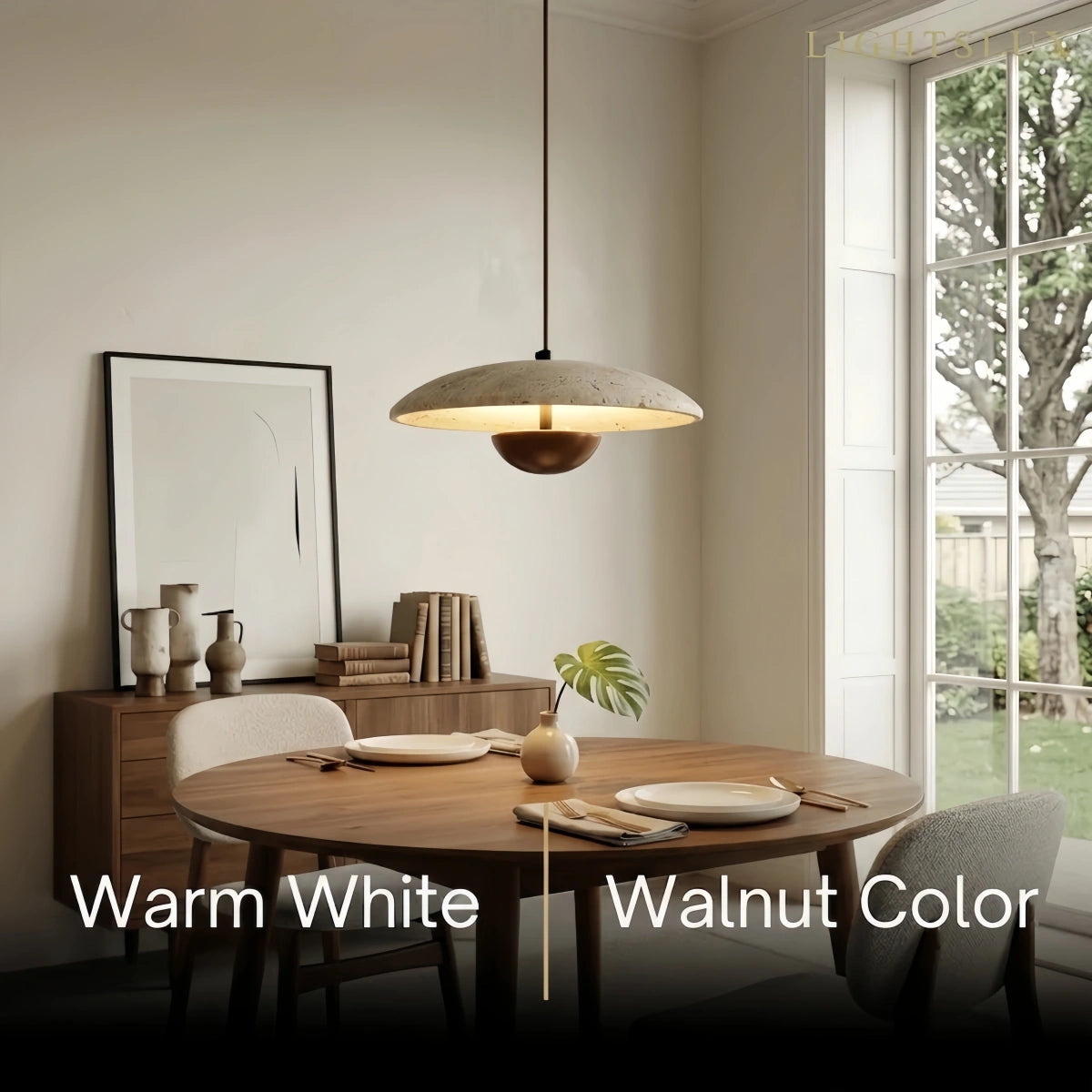 Strata Minimalist Pendant Light – Travertine & Metal, Walnut/Wood Color for Indoor