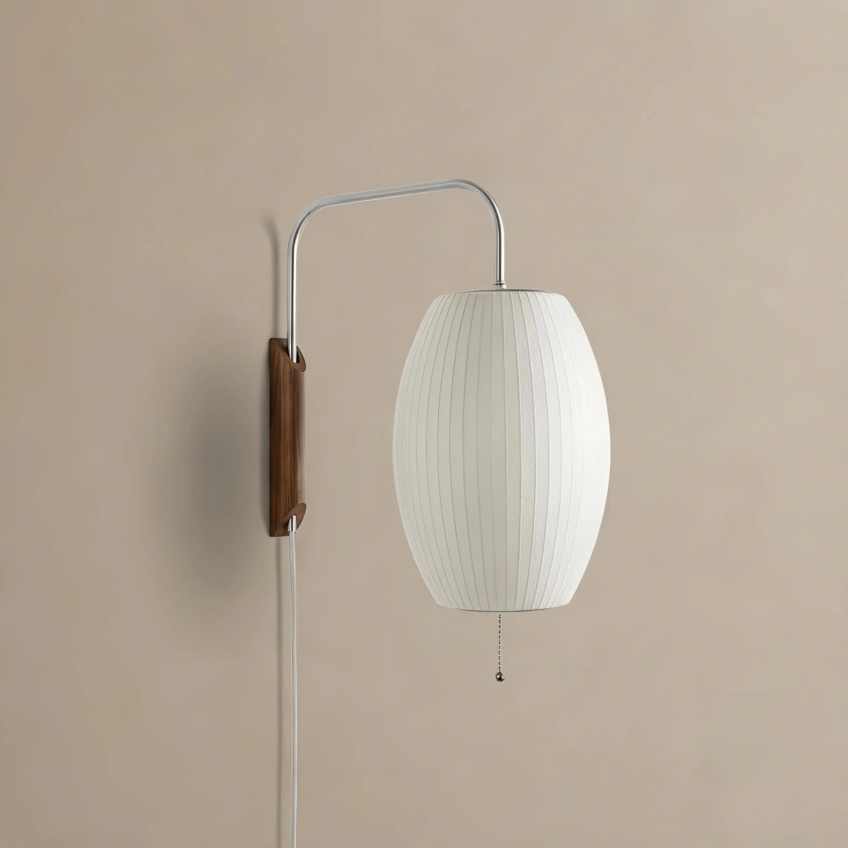 Velora Modern Plug-In Wall Lamp -- Polymer Steel Walnut Metal Chrome & Walnut with White Shade for Bedroom