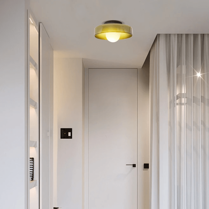 Modern round ceiling light in entrance, Yellow Green Glass
