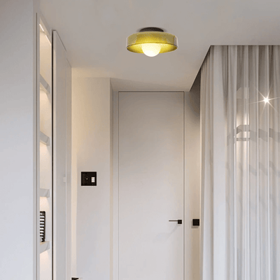 Modern round ceiling light in entrance, Yellow Green Glass