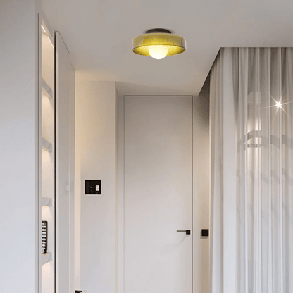 Modern round ceiling light in entrance, Yellow Green Glass