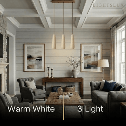 Zenno Modern Pendant Light — Natural Wood & Stone Cylinder for Dining Room