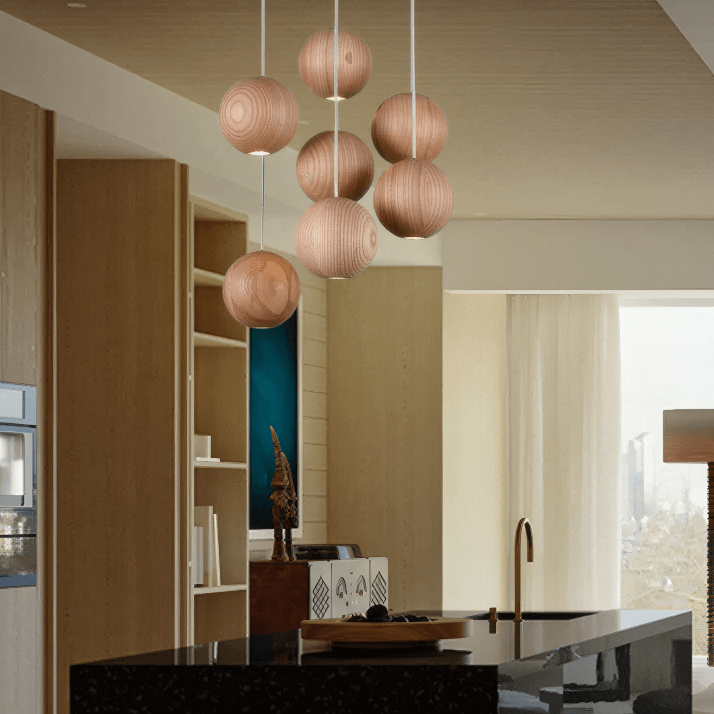 Zenno Minimalist Wood Pendant Light - Brown Globe for Living Room/Dining Room