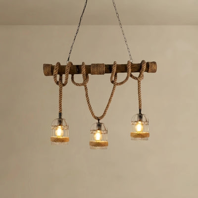 Vintage 3-Light Pendant Lamp – Wood & Rope Design for Dining Room