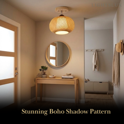 Bamburo Rustic Boho Rattan Ceiling Light – Bamboo Flush Mount for Hallway