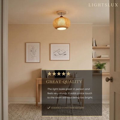 Bamburo Rustic Boho Rattan Ceiling Light – Bamboo Flush Mount for Study Room