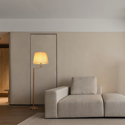 Modern Floor Lamp — Brass Metal & Fabric Cylinder Living Room