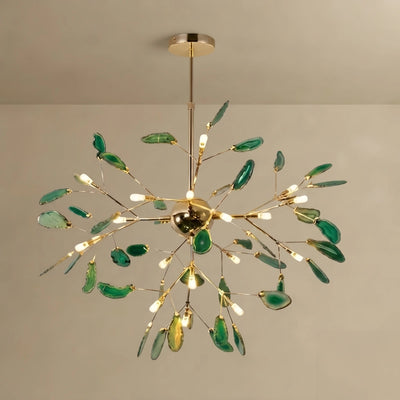 Excelis Art Deco Natural Agate Chandelier - Leaf Design in Blue/Green/Colorful