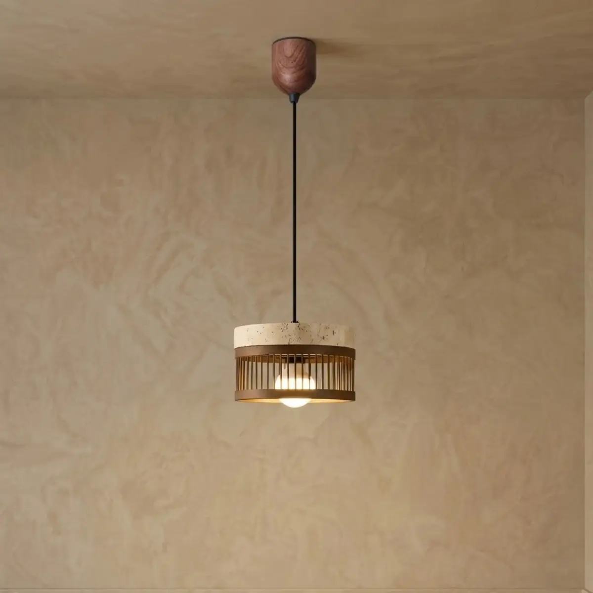 Wabi-sabi Pendant Light --Travertine & Solid Wood Brown for Dining Room